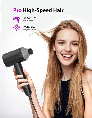 Vista 3 de Secador de pelo, secado rápido en 3 minutos - 110,000 RPM, secador de pelo profesional de alta velocidad con cuidado iónico negativo de 200
