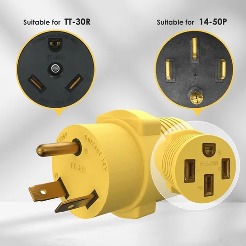 Vista 2 de Enchufe adaptador RV de 50 amperios a 30 amperios, TT-30P macho a 14-50R hembra adaptador de corriente para RV, reemplazo compacto de Dogbone
