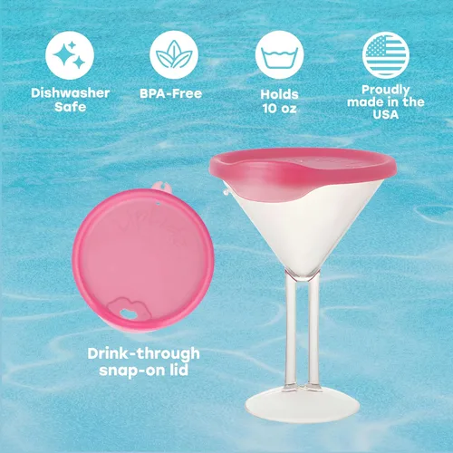 Vista 2 de LipLidz - Vasos de Martini reutilizables, paquete de 4, vasos de plástico sin BPA de doble tallo de 10 onzas con tapa, hechas en Estados Unidos