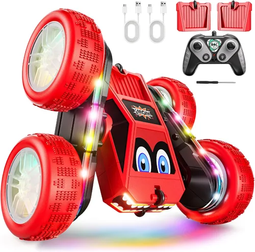 Vista 9 de Auto a control remoto, auto de acrobacias RC de 360° con rotación y giros con carga USB-C, batería modular, 4WD, autos RC con tiras de luces LED