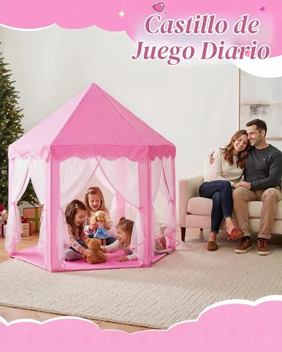 Vista 2 de wilwolfer Tienda de campaña tipo castillo de princesa para niñas, tienda de campaña hexagonal grande para jugar, casa de juegos con luces de Tienda