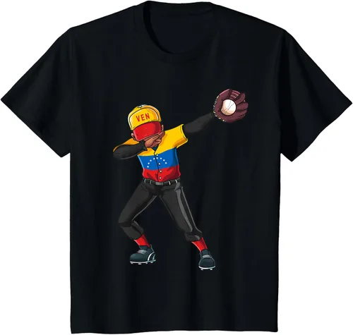 Vista 42 de Baseball Dabbing Venezuela Player Catcher Pitcher Hombres Niños Camiseta, Negro