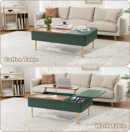 Vista 10 de HLR Mesa de Centro de 47" con Tapa de Elevación Doble y Almacenamiento, Mesa de Centro Moderna de Madera Acanalada con Compartimento Oculto, Mesa