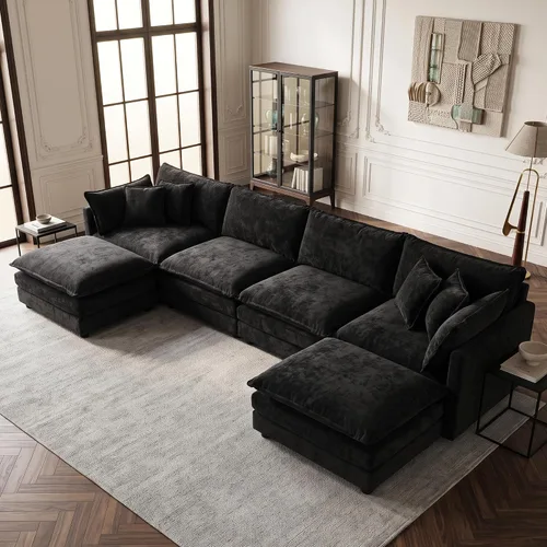 Vista 68 de Sofá individual modular de chenilla con otomana, sofá nube con almohada, color beige