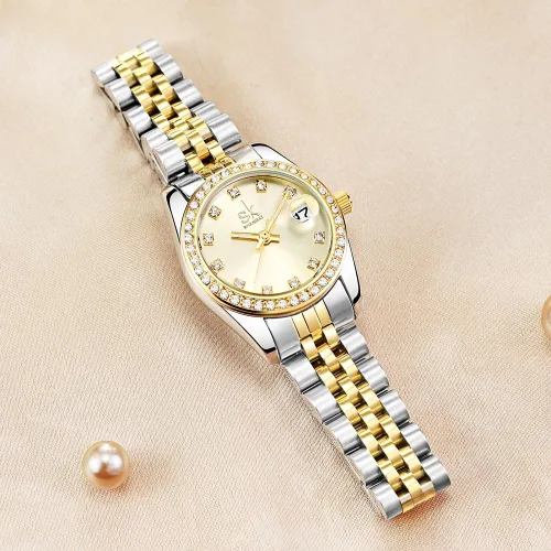 Vista 5 de SHENGKE Reloj elegante con cristales acentuados con correa de acero de aleación sólida para mujer