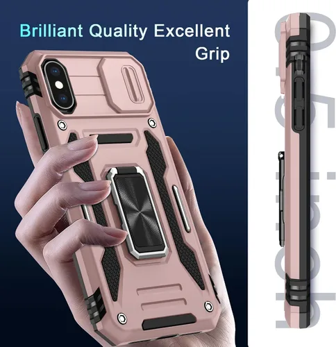 Vista 246 de DEERLAMN Funda para iPhone Xs Max con funda deslizante para cámara + protector de pantalla, soporte giratorio de anillo de grado militar a prueba