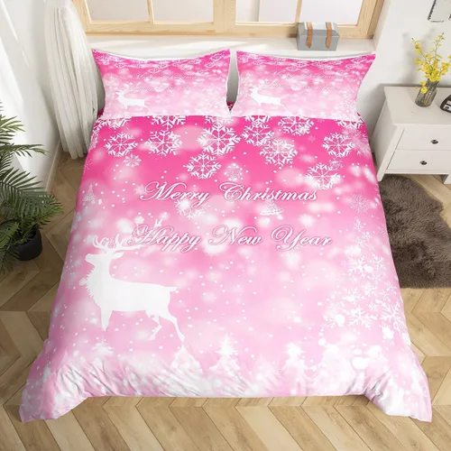Vista 23 de Juego de funda de edredón con diseño de ciervo de cabaña, tamaño twin, juego de ropa de cama rústica de tablón de madera de árbol de Navidad