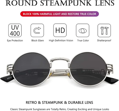 Vista 3 de AIEYEZO Gafas de sol redondas steampunk Circle Lennon Hippie marco de metal lente de bloqueo UV 100