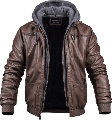 Vista 2 de CREATMO US Chaqueta de piel sintética para hombre, impermeable, resistente al viento, PU con capucha extraíble