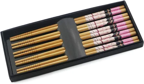Vista 6 de Juego de 5 pares de palillos de bambú, reutilizables, estilo japonés, antideslizantes, juego de palillos clásicos de bambú natural, aptos
