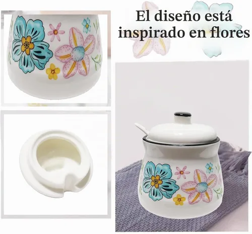 Vista 3 de Azucarero de cerámica con tapa y cuchara, contenedor de azúcar para barra de café, hogar y cocina, 12 onzas