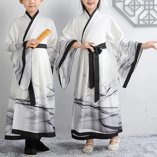 Vista 3 de Disfraz tradicional chino de manga ancha para niños y niñas de Hanfu
