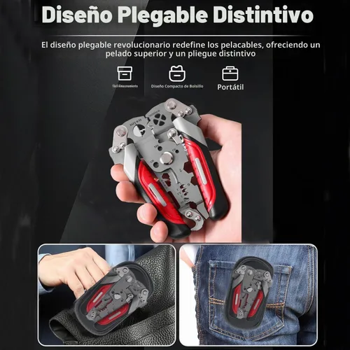 Vista 3 de Pelacables plegables 18 en 1, cortadores de alambre profesionales plegables multifuncionales, pelacables multifuncionales crimpadora alicates Rojo