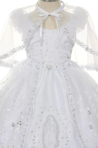 Vista 2 de BluNight Collection Vestido de bautizo de bebé con hombros descubiertos y bordado de Virgen María