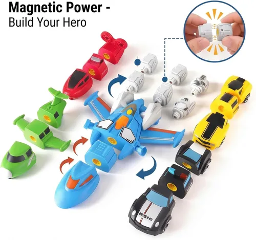 Vista 3 de QUERCITRON - Juego de vehículos magnéticos 5 en 1, juguete que se transforma en robot, kit de figuras de acción de construcción con piezas