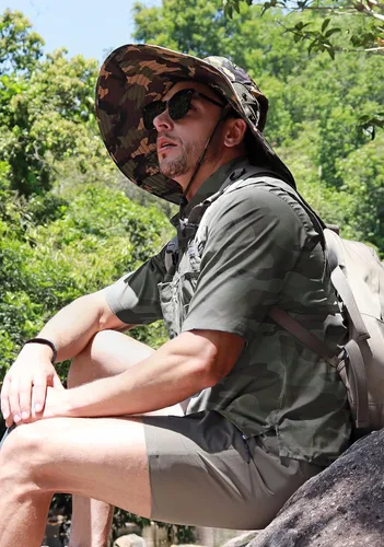 Vista 6 de Camisas de pesca para hombre con bolsillos con cremallera, UPF 50+, ligeras, frescas, de manga corta, con botones, para hombre, casual, senderismo