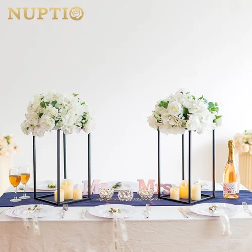 Vista 2 de Nuptio Jarrón de metal negro, 2 piezas de 15.7 pulgadas de alto, jarrones cilíndricos y cuadrados para centros de mesa, decoraciones para el hogar