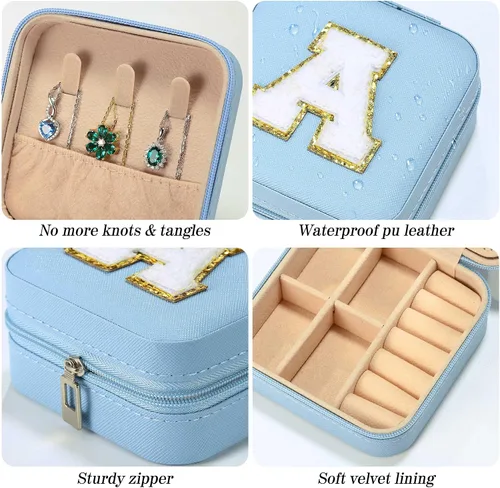 Vista 2 de Parima - Joyero pequeño esencial para viajes, organizador de joyerìa, regalo de hija para mamá, azul cielo, letra T