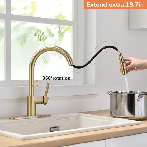 Vista 3 de Grifo de cocina dorado con rociador extraíble, grifo de fregadero de cocina extraíble de una sola manija de 1 y 3 agujeros con placa de cubierta