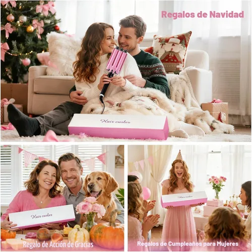 Vista 8 de Rizador de 3 barriles Aleath: Regalos de cumpleaños para mujeres, rizador de pelo de doble voltaje con temperatura ajustable, tres barriles