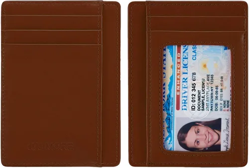 Vista 5 de KALMORE Cartera delgada de cuero genuino con bolsillo frontal y ventana de identificación