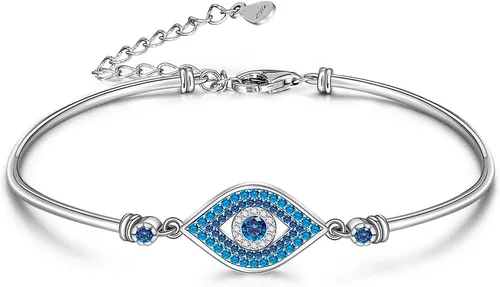 Vista 11 de Fenthring Evil Eye Bracelet Sterling Silver Greek Turkish Blue Evil Eye Bracelets for Women Bangle Adjustable Good Luck Protection Jewelry Cute