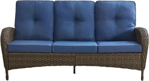 Vista 11 de Sofá de lujo para patio, sofá de mimbre para exteriores con cojines sonrientes de 6 pulgadas, respaldo alto, resistente, cómodo, mimbre marrón