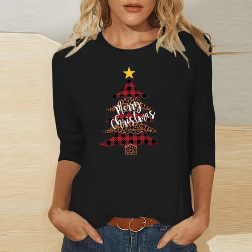Vista 2 de Tuianres Women's Christmas 34 Sleeve Dressy Tops Loose Funny Christmas Tree Shirts Vacation Round Neck T-Shirt Tops