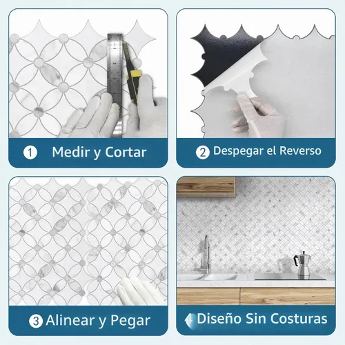 Vista 4 de SUNWINGS Azulejos Autoadhesivos de Moneda de Despegar y Pegar de 10 Hojas con Chorro de Agua para Salpicadero, Paneles de Pared de Mármol Blanco