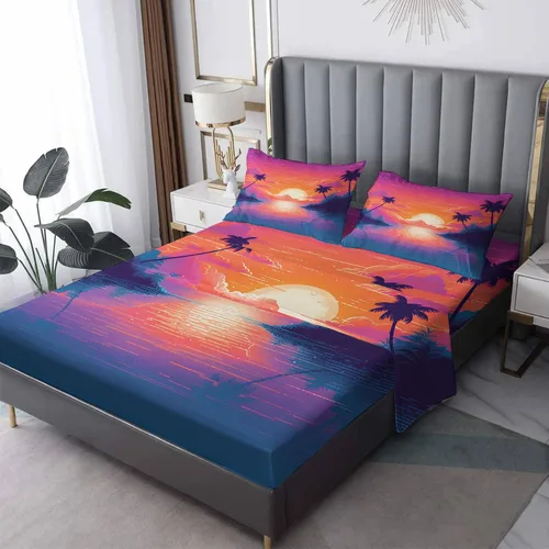 Vista 9 de Juego de sábanas de 3 piezas con diseño de palmera de neón con plantas tropicales, sábanas y fundas de almohada estampadas, sábana bajera ajustable