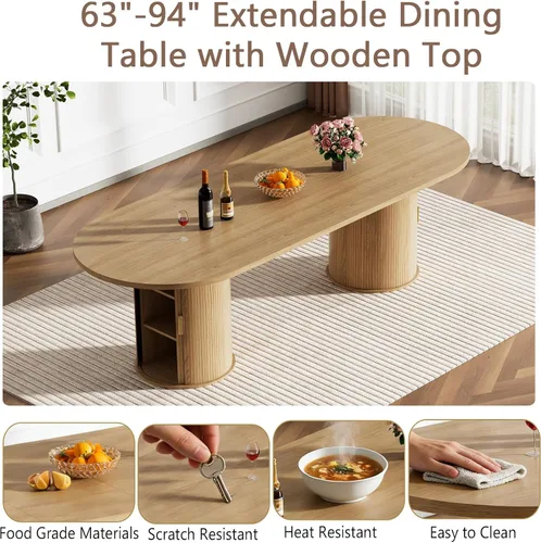 Vista 3 de Mesa de comedor redonda extensible de 94 pulgadas con base de almacenamiento, mesa de comedor expandible natural para 10, mesa de comedor de madera