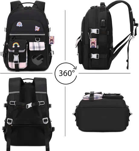 Vista 4 de Mochila para niñas - Mochila para libros, mochila escolar para niñas, niños, adolescentes, mujeres, casual, 1 unidad de color negro., Mochilas
