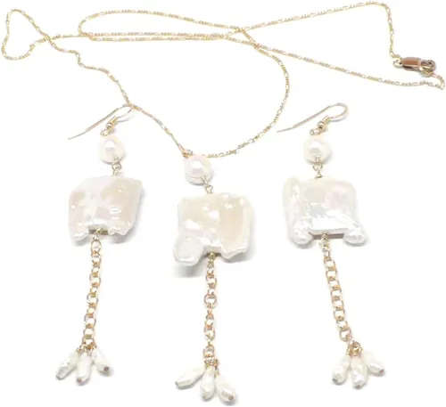 Vista 7 de Large White Notched Rectangle Cultured Freshwater Pearl Chain Necklace Sterling Silver Gold-filled