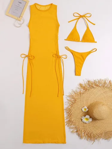 Vista 4 de SheIn Conjunto de bikini sexy de 3 piezas para mujer, con malla y micro triángulo, halter