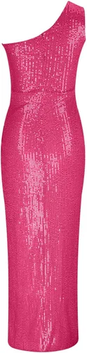 Vista 4 de Elegante vestido de lentejuelas fruncidas para mujer, sexy, con un hombro descubierto, ajustado, vestido formal con purpurina brillante