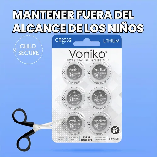 Vista 5 de Voniko Pilas de litio CR2032 de 3 V para seguridad infantil, compatibles con AirTag, llaveros, termómetros, básculas, 7 años de vida útil