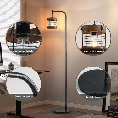 Vista 3 de Lámpara de pie industrial de 67 pulgadas con pantalla de madera y metal negro, lámpara de pie moderna, lámpara alta rústica estilo granja para sala