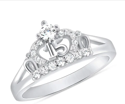 Vista 2 de Anillo de plata de ley 925 Sweet 15 con corona de quinceañera Cz chapado en rodio
