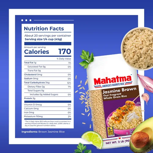 Vista 2 de Mahatma Bolsa de arroz de jazmín marrón de 2 libras, arroz jazmín tailandés marrón, arroz en microondas en 20 minutos o cocina en la estufa en 30