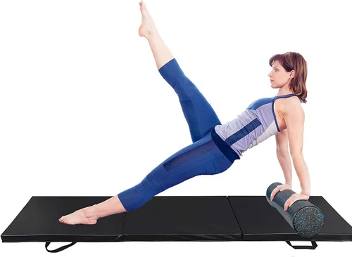 Vista 5 de Tapete plegable de tres pliegues para gimnasia, gimnasio, ejercicio aeróbico, tapete plegable con asas para MMA, estiramiento de fitness, yoga