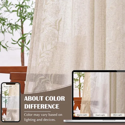 Vista 8 de jinchan Cortinas de lino floral marfil para sala de estar 84" pestaña