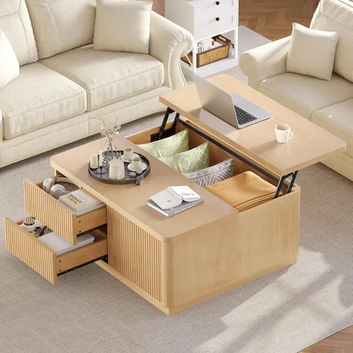 Vista 11 de Itaar Mesa auxiliar elevable de 39.4 pulgadas con almacenamiento, mesas de centro estriadas para sala de estar, mesa de centro cuadrada con gran