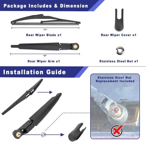 Vista 2 de Kit de brazo y limpiaparabrisas trasero para Jeep Renegade 2015-2022 Sustituye a 68256590AA 68398865AA · Brazo de plástico premium · Hoja