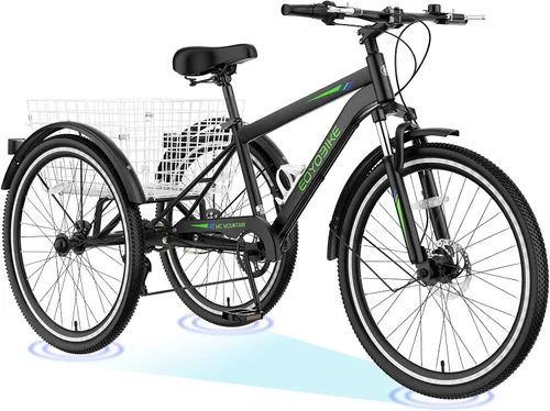 Vista 12 de H&ZT Triciclo para adultos, bicicleta de 3 ruedas, triciclo crucero, con cambio de 7 velocidades, manilla de freno de estacionamiento, paso bajo