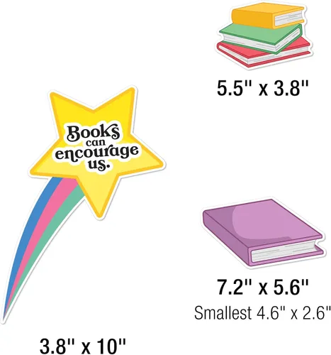 Vista 5 de Carson Dellosa - Juego de 53 piezas de Reading is Magic, arco iris retro, globos, libros y recortes de estrellas con citas inspiradoras