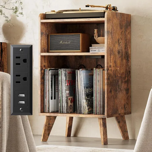 Vista 9 de Soporte para tocadiscos, plataforma giratoria con almacenamiento de discos y estación de carga y puertos USB, mesa para tocadiscos con divisor