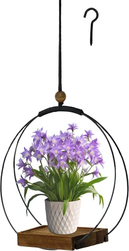 Vista 9 de Maceta colgante para plantas de interior, colgador de plantas negro para interiores con base de madera resistente, colgador de plantas de macramé