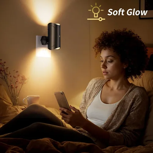 Vista 5 de Luz nocturna, paquete de 2 luces LED de noche enchufables a la pared, blanco suave 3000K, 0-100LM brillo ajustable luz nocturna para pasillo