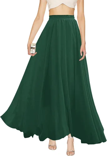 Vista 21 de V28 Falda larga de chifón elástica hasta el tobillo estilo retro para mujer Verde militar