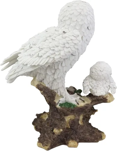 Vista 5 de Ebros - Tundra nevada búho blanco posado en rama de árbol con búhos bebés, estatua de 12 pulgadas de alto, caprichosa Tundra Forest Nocturnal